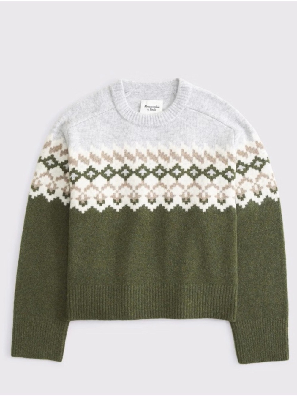 Abercrombie & Fitch Olive and Light Gray Fair Isle Madeline Crewneck Sweater
